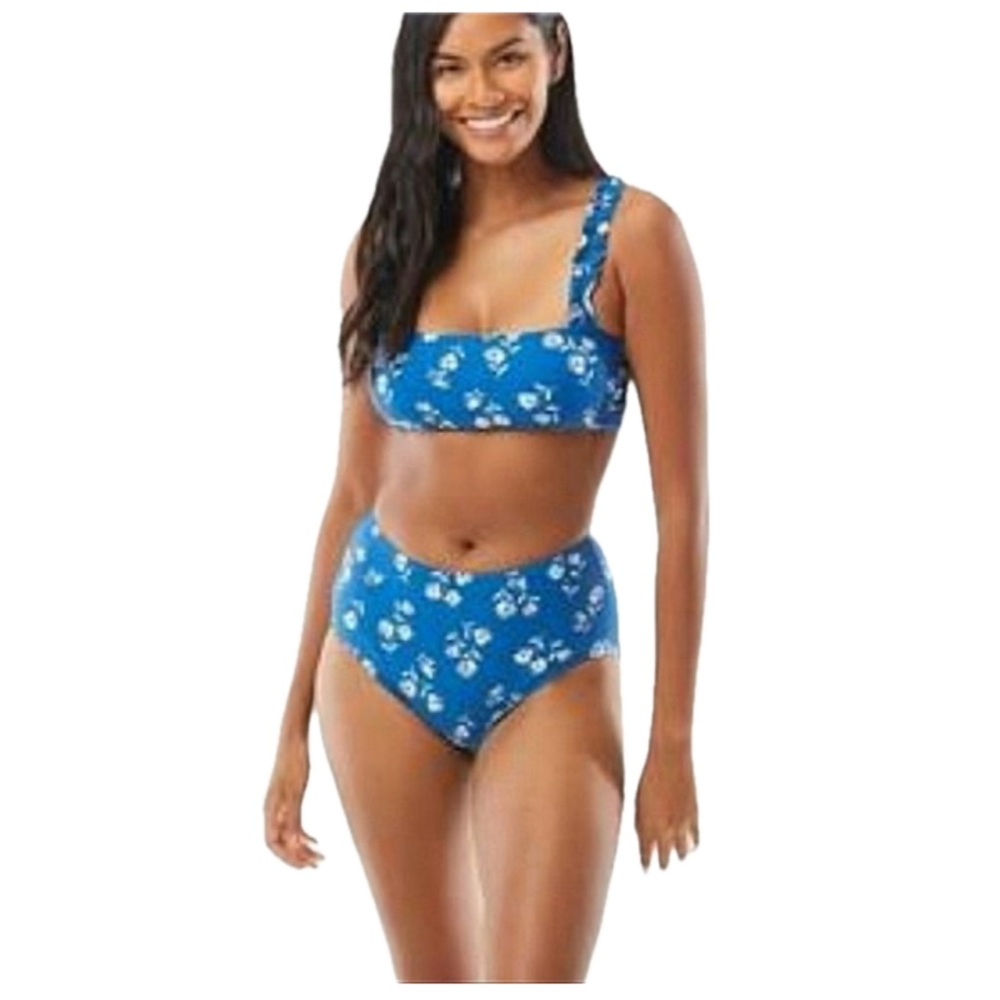 Kate Spade Blue and White Floral Square Neck Ruffle Swimsuit